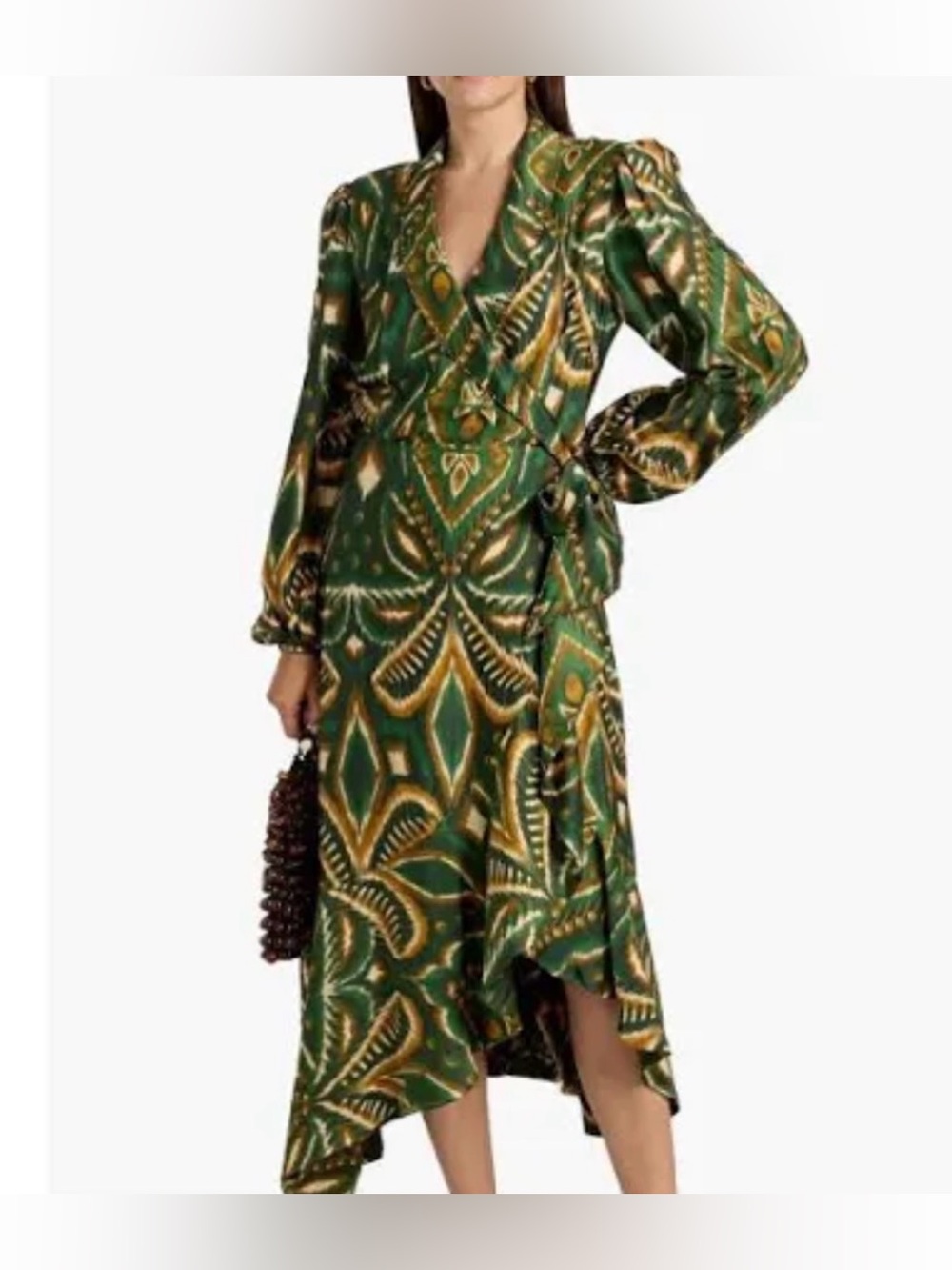 Farm Rio Green Patterned Wrap Midi Dress-with tassel wrap Size M